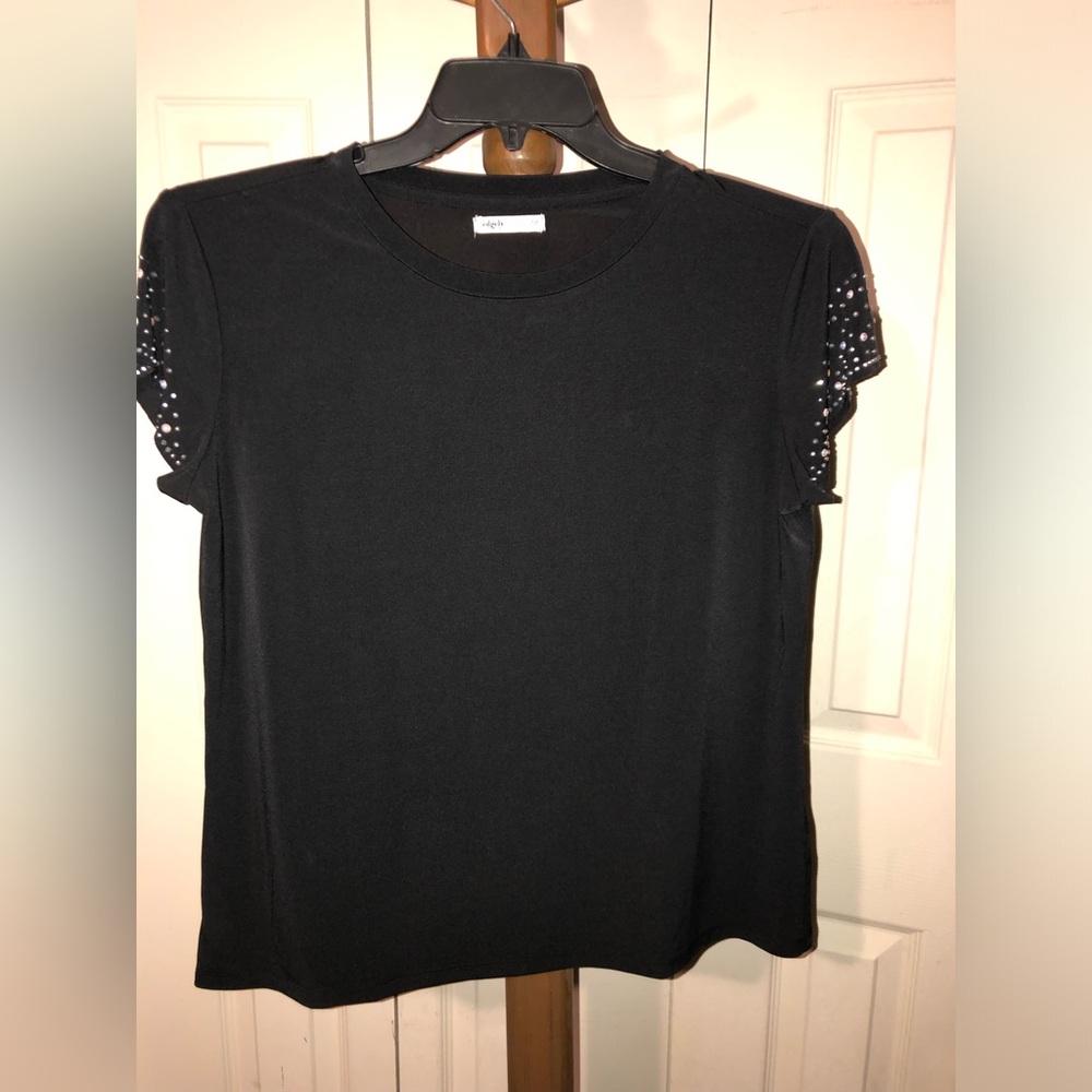 Elegant Black Short Sleeve Tee with Embellished Sleeves